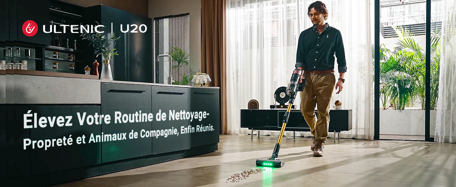 Découvrez l'Ultenic U20 Aspirateur Sans Fil : 600W de puissance pour les grandes maisons, technologie TangleTame™, flexible de 65 cm et 5 têtes de brosse pour une flexibilité de nettoyage ultime.