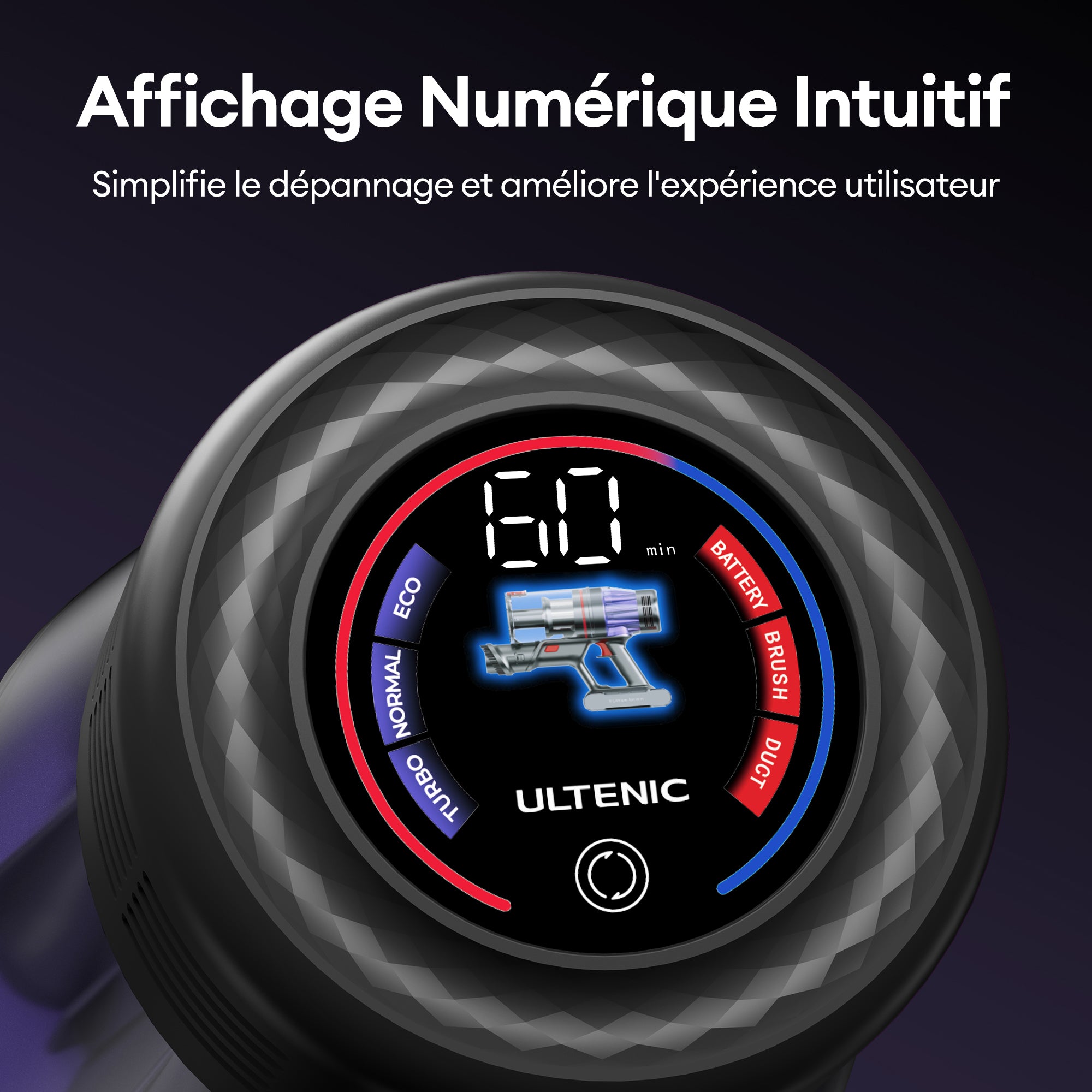 Écran couleur U16 Flex affichant le niveau de batterie et le mode d'aspiration